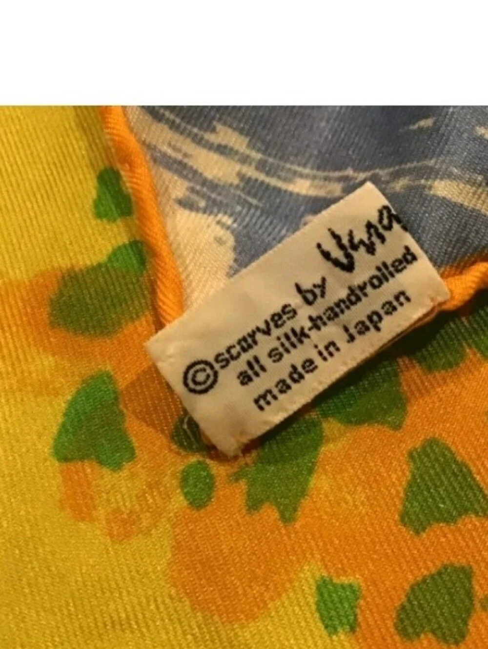 Vera Neumann Silk Scarf Blue Yellow Floral Sun Print Vintage Signed Square Scarf